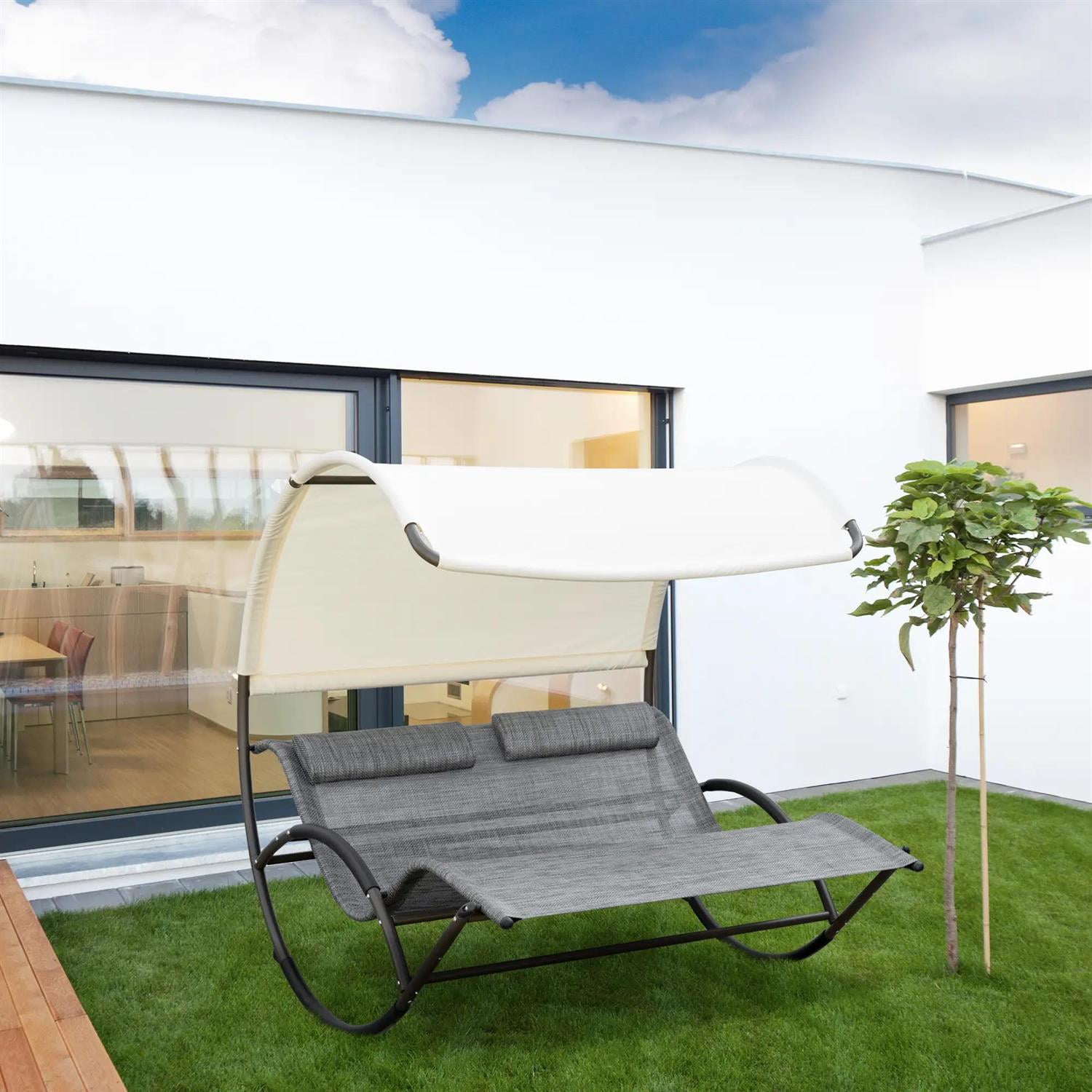 Demi Bonn Patio Outdoor Double Chaise Rocking Chair, Day Bed Sun Lounger with Canopy Shade, Headrest Pillow, Armrests for Garden, Poolside, Gray