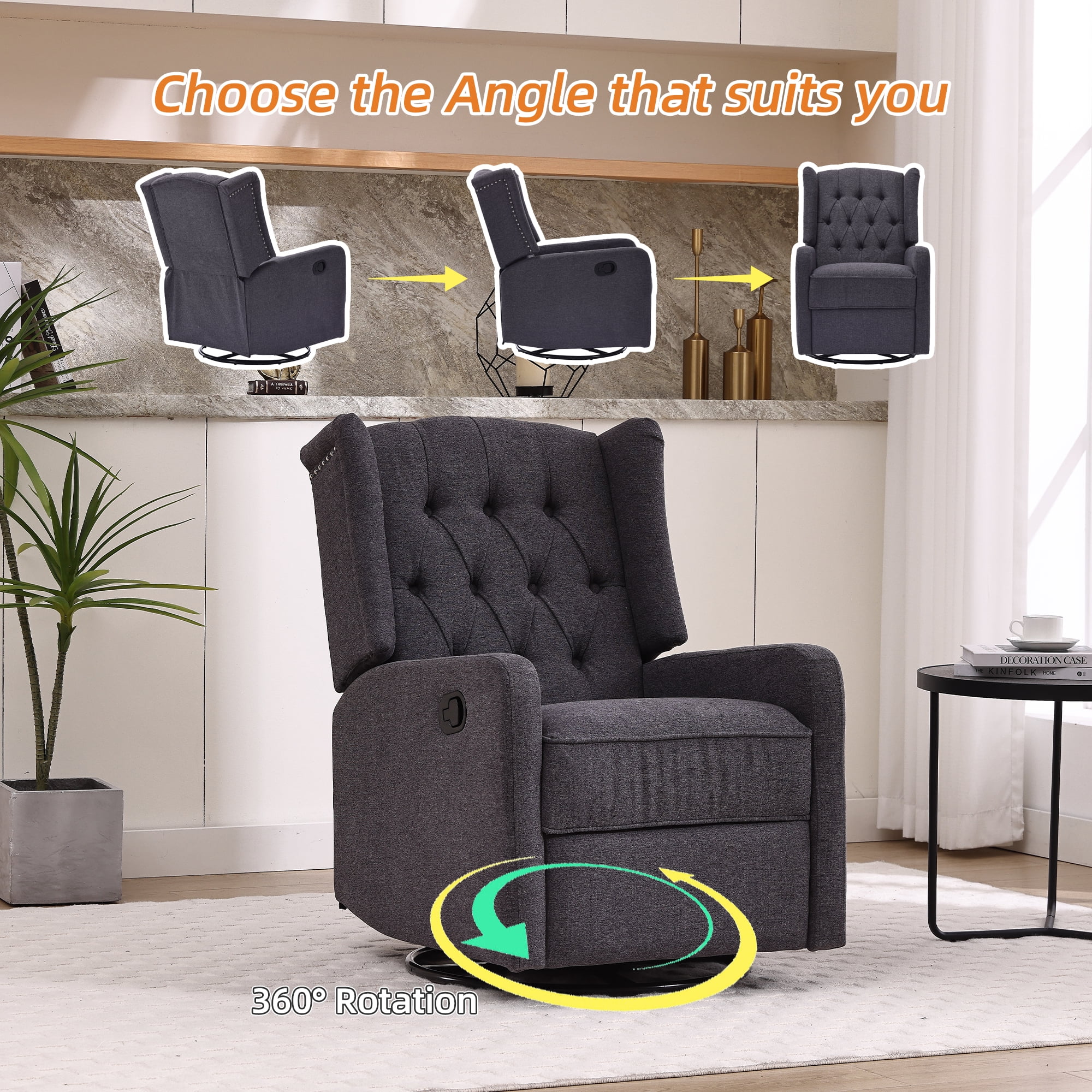 MOONMISS Linen Upholstered 360 Degree Swivel Rocking Recliner Chair for Bedroom,Living Room-Dark Gray