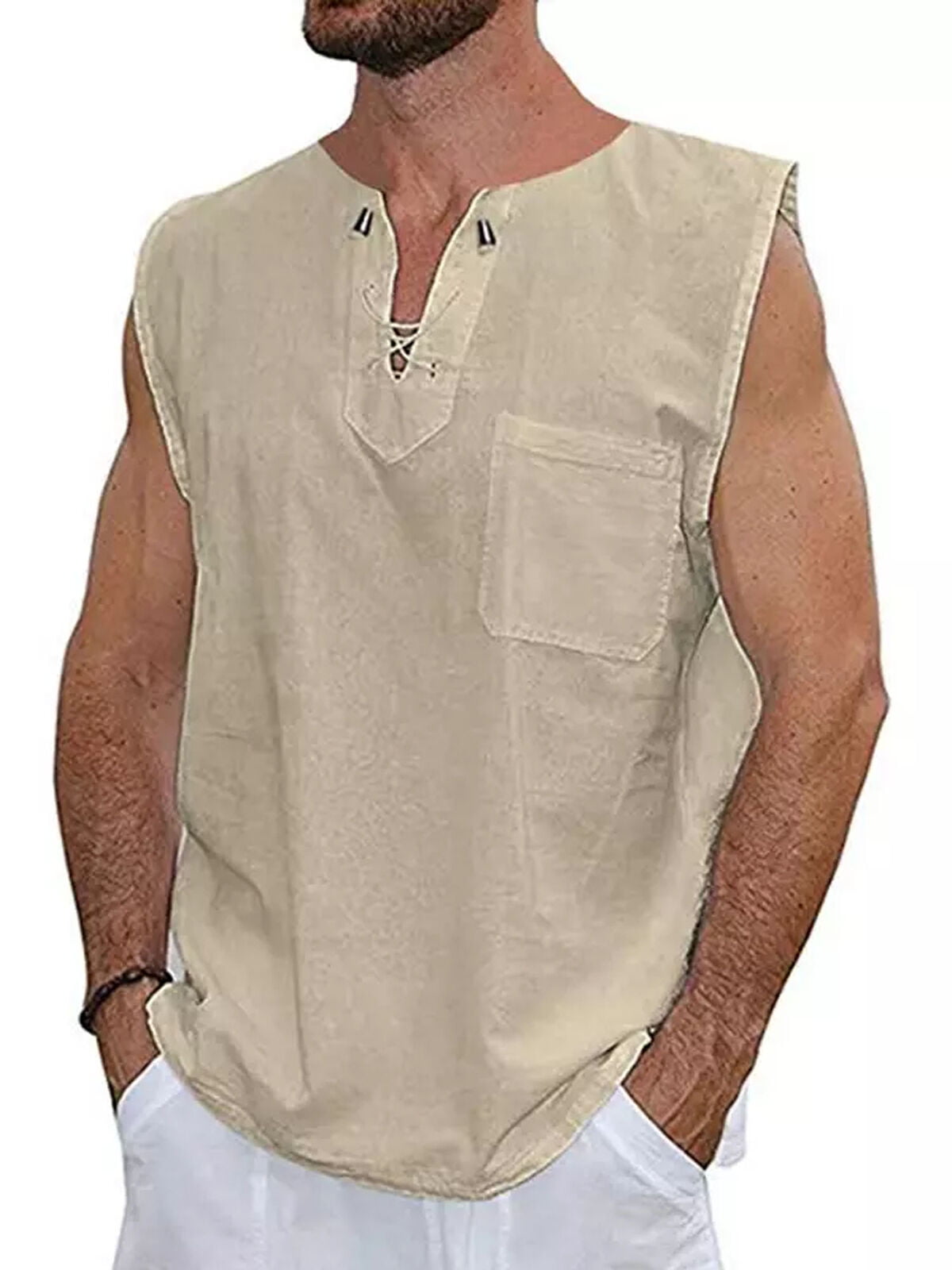 Lookwoild Summer Men's Linen V Neck Sleeveless Basic Tee T-shirt Loose ...