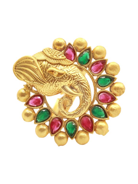 Lord Ganesh Design Multicolor Adjustable Antique Gold Plated Finger Ring