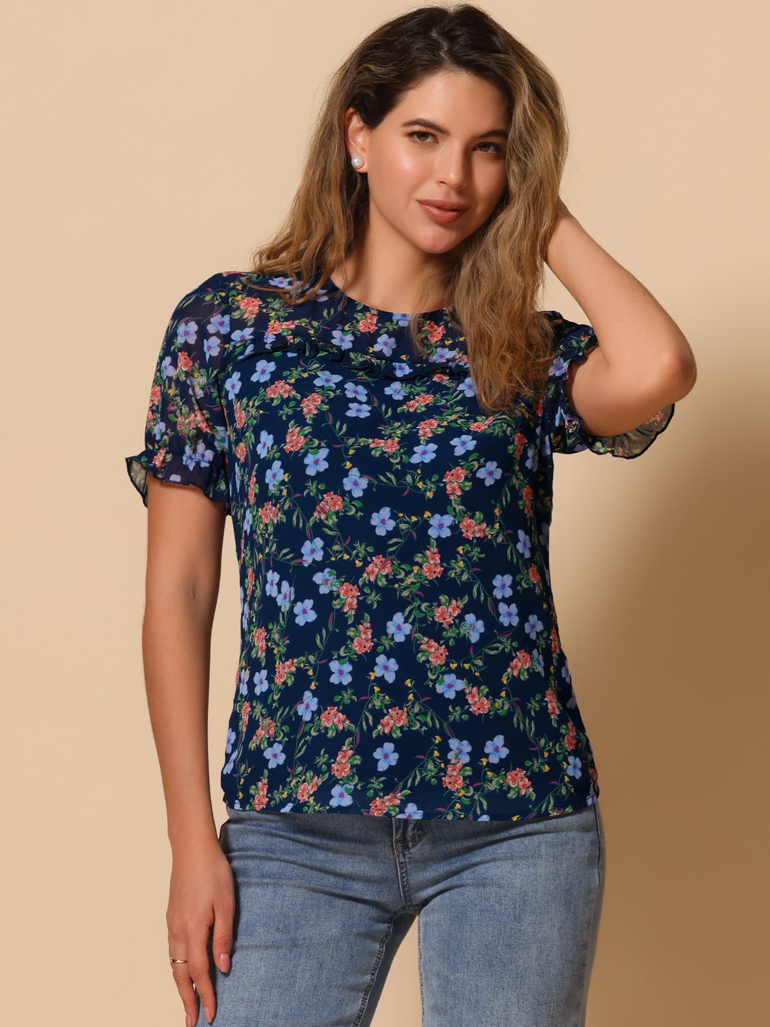 DARING DIVA Short Sleeve Ruffled Trim Floral Blouse M Dark Blue
