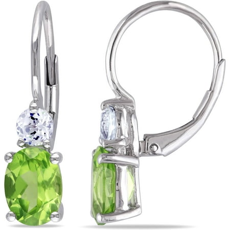 3-1/7 Carat T.G.W. Peridot and Created White Sapphire Sterling Silver Leverback Earrings
