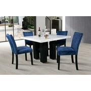 GTU Furniture 5Pc Square Table with Faux Marble Top and 4 Upholstered Blue Chairs Dining Room Set