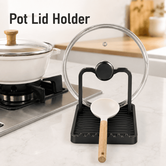 MORAVE Black Anti-Rust Metal Spoon Rest with Pot Lid Holder, Heat-Resistant Multifunctional Utensil Rack for Stovetop & Kitchen Counter