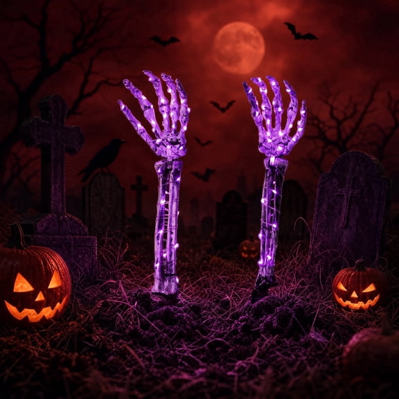 Halloween Skeleton Hands Stake Lights, 1 Pair Purple LED Copper Wire, IP44 Waterproof Yard Decor with 8 Modes for Graveyard