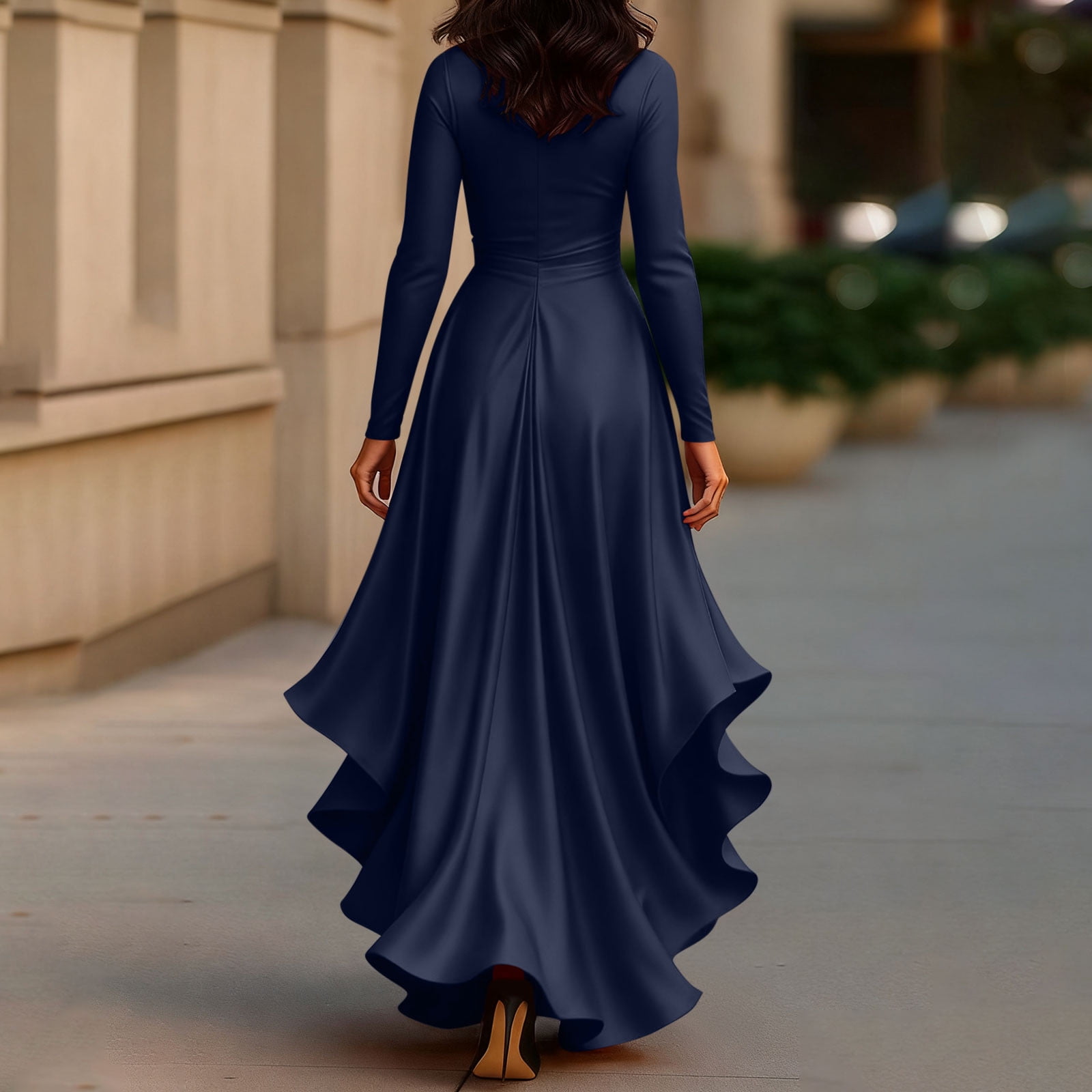 Levmjia Womens Dress V Neck Solid Color Casual Long Sleeve Polyester Ruffle Hem Cinched Waist Flowy Irregular Hem Vacation Party Daily Wear