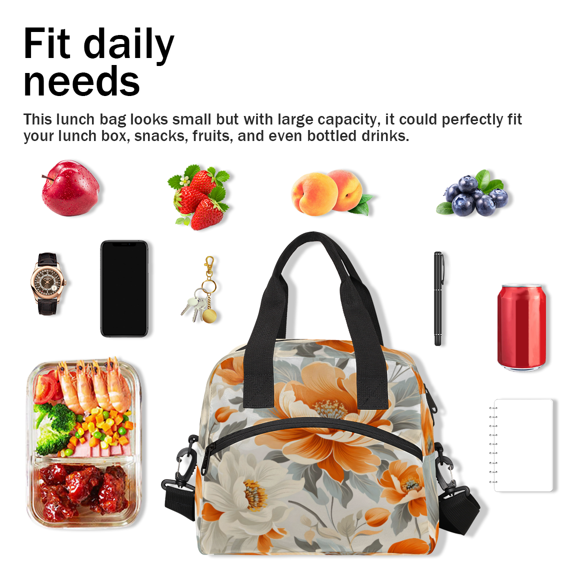 Herdesigns Floral Insulated Lunch Bag for Women Men Adults Large Reusable Lunch Box Orange White Flowers Leakproof Cooler Tote Bags with Adjustable Shoulder Strap
