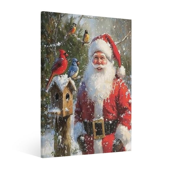 Vintage Christmas Santa Claus and Northern Cardinal bird Wall Art Paint Framed - Xmas Festive Winter Holiday Christmas Wall Decor Canvas Print for Living Room Kitchen Bathroom Home Bedroom Decor