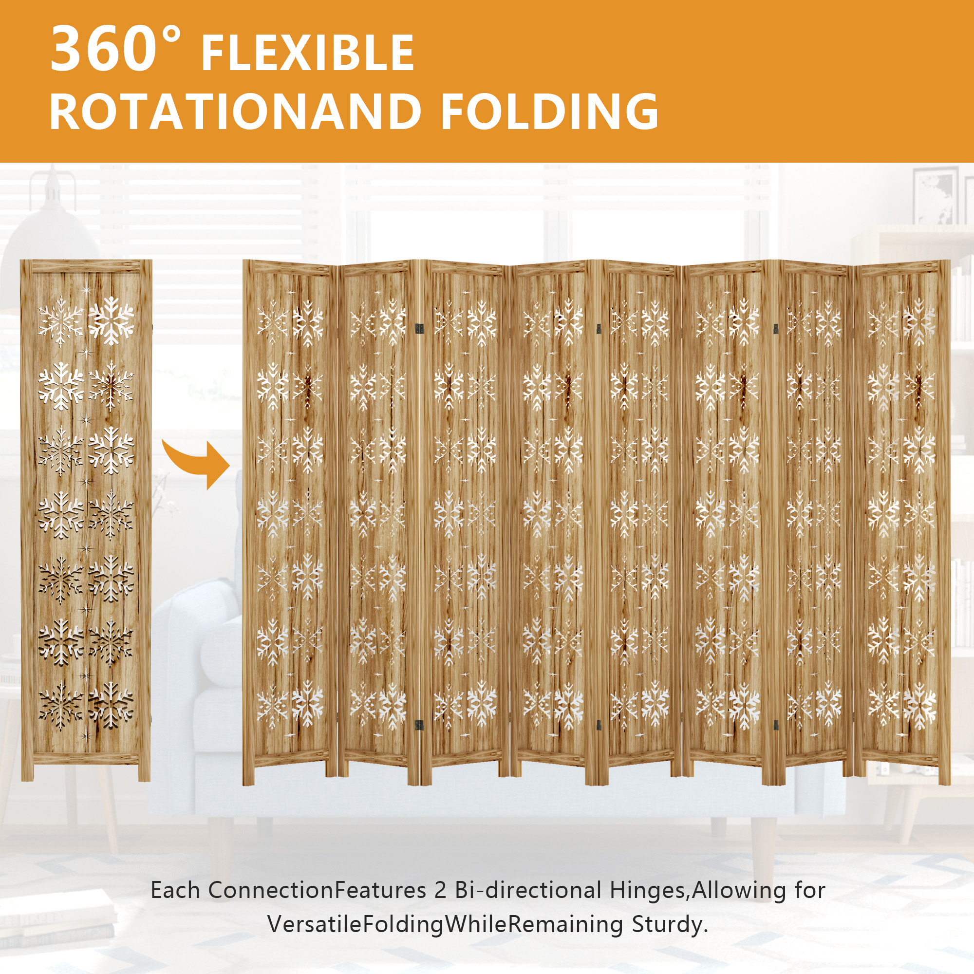 MAYEERTY 8-Piece 67×16" Natural Wood Privacy Panel Screen for Living Room, Snowflake Pattern