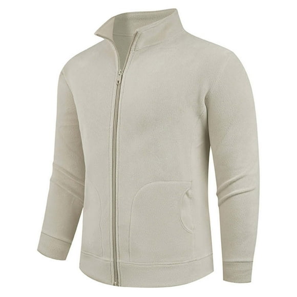 Fengqque Men's Fleece Jacket Classic Full Zip Stand Collar Lightweight Casual Soft Warm Coats with Zipper Pocket Khaki L(L)