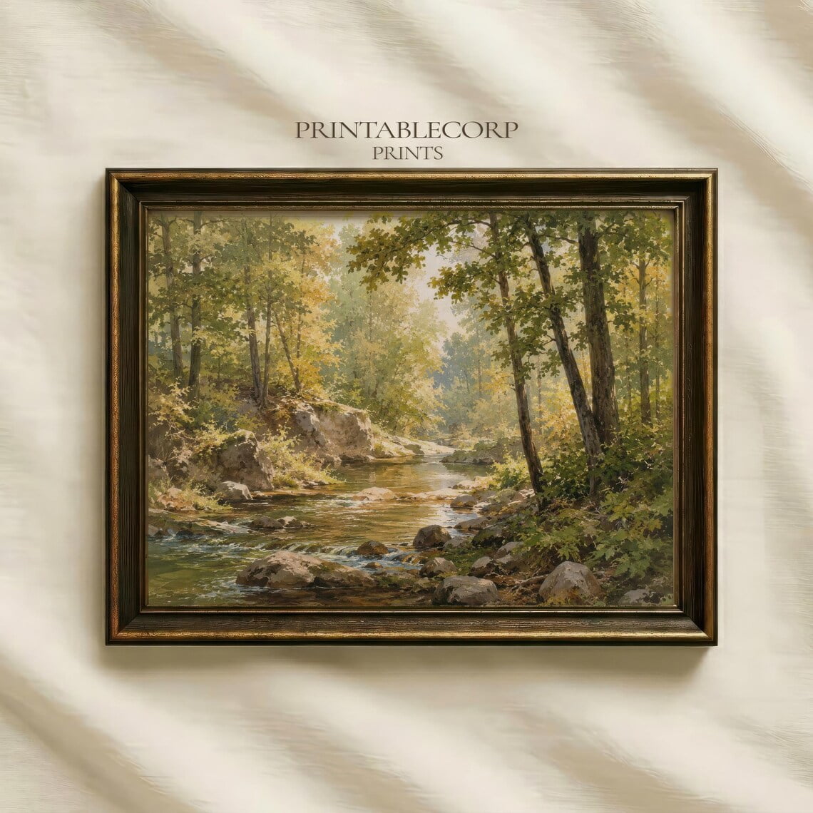 Vintage Woodland Creek Peaceful Forest Landscape Wall Art Rustic Nature Decor Style Room