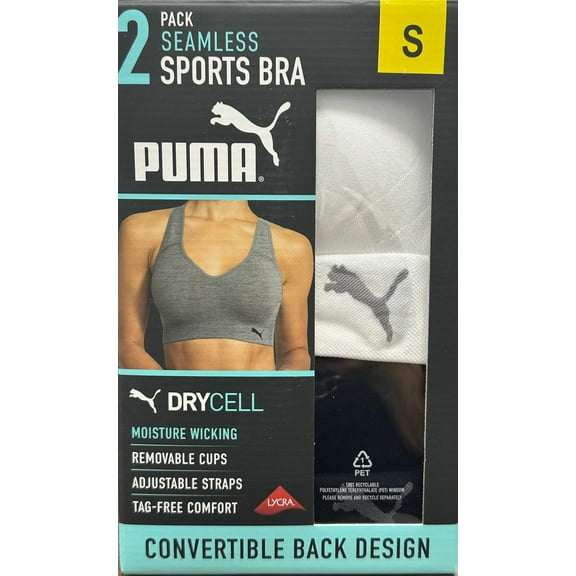 Puma Women's Convertible Seamless Sports Bra 2 Pack, Black/White, S