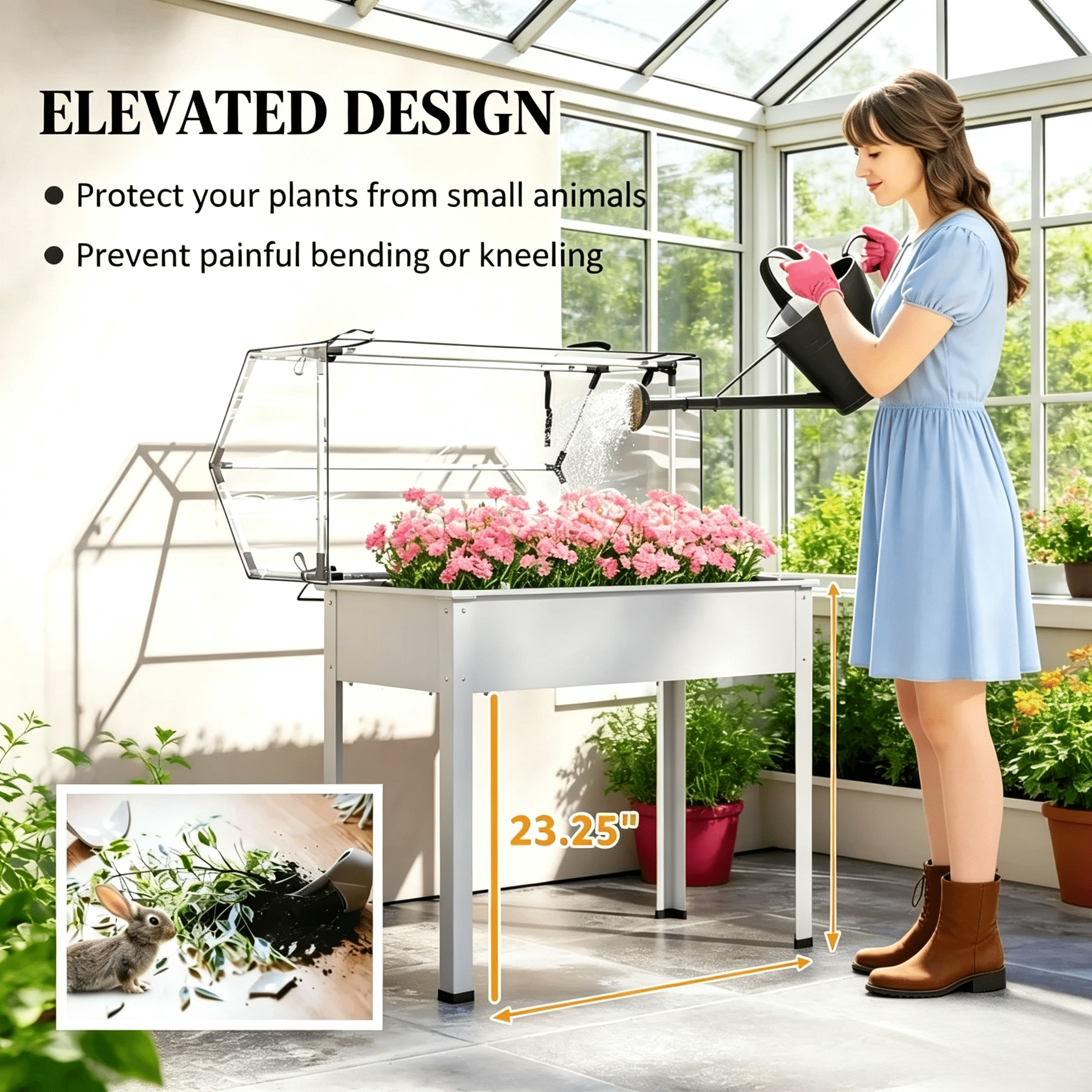 White 2-in-1 Raised Planter Box with Greenhouse Cover, Elevated Garden Bed with Flip-Up Door, Metal Steel Frame, Drainage Hole, 110 Lbs Capacity for Outdoor Plants Vegetables Herbs