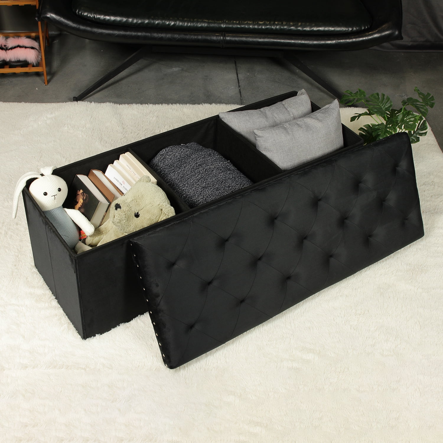 PINPLUS 43.3" Black Velvet Ottoman Storage,Extra Large End of Bed Storage Box with Lids,Footstool Folding Bench Window Seat with Rivet