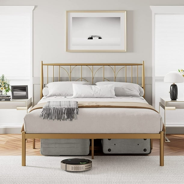 Queen Bed Frame, Gold Metal Full Size Platform Bed Frame with Headboard