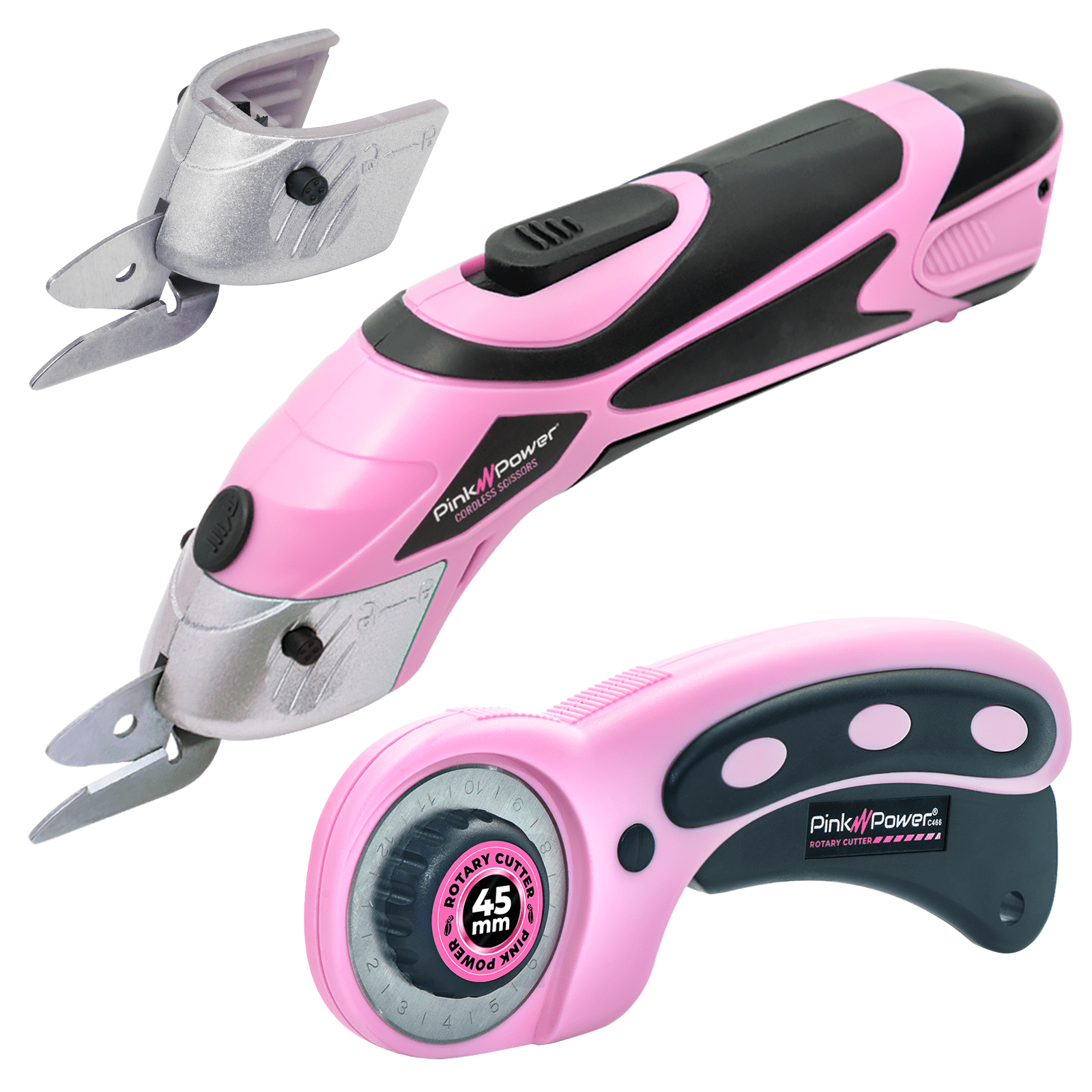 Pink Power Electric Fabric Scissors for Crafts, Sewing, Cardboard, Threads & Scrapbooking - Heavy Duty Cutting Tool, Automatic Cordless Electric Scissors Fabric Cutter & Rotary Cutter Set (Pink)