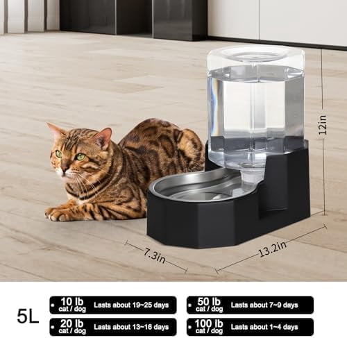 Large Dog Water Dispenser: 5L Automatic Gravity Water Feeder - Dishwasher-Safe Stainless Steel Bowl - Easy Clean - No Power Needed - for Cats & Small Dogs - Kitchen Corner/Crate Area