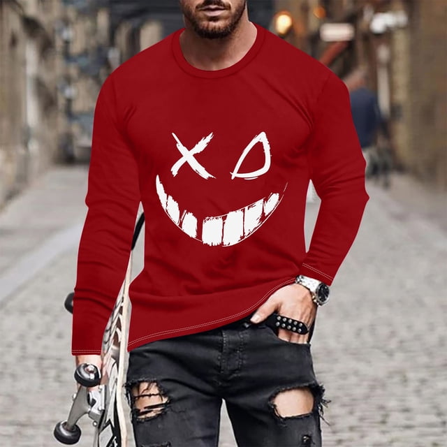 Pisexur Chemise à Manches Longues Homme Tissu de Haute Qualité T-Shirt à Manches Longues Homme, Haut Imprimé à Manches Longues Col Rond et Visage Souriant Rouge, 4TG