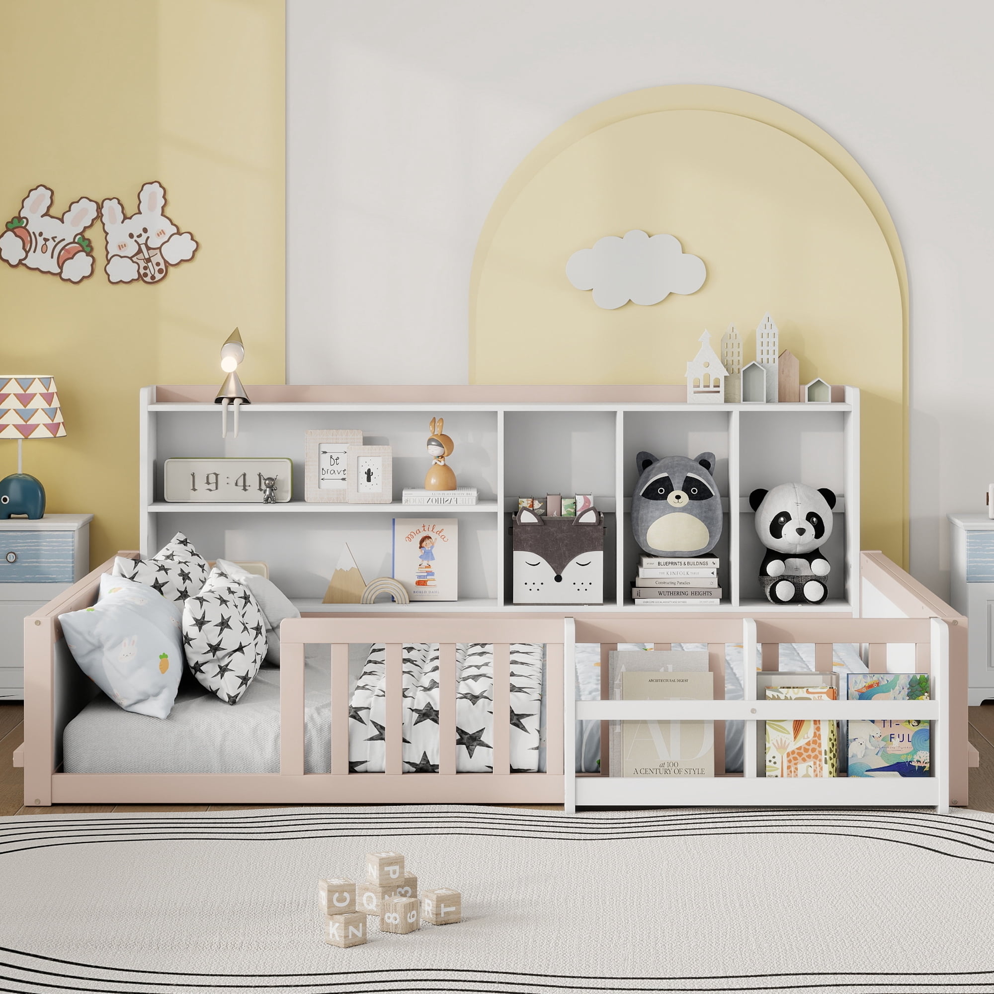Mintazer Full Size Montessori Floor Bed with Bookshelf & Guardrails, Kids Platform Bed Frame with Storage Cubbies for Bedroom, White & Natural