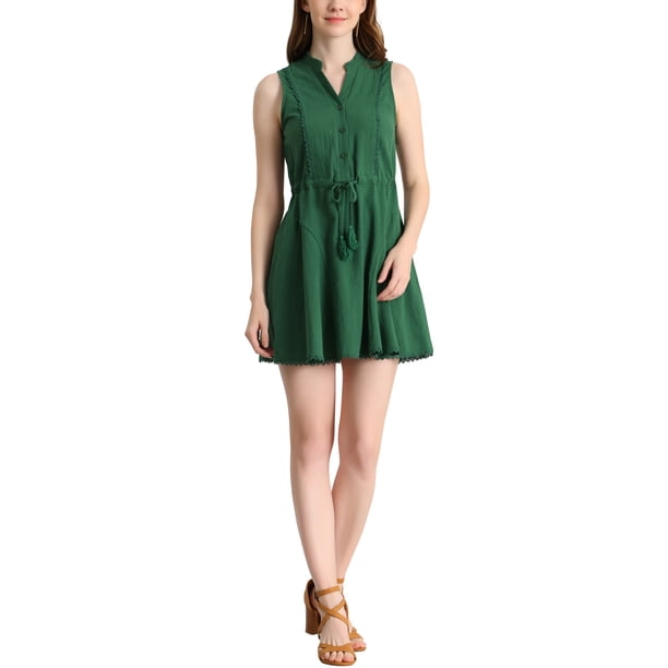INSPIRE CHIC Vestidos sin mangas para mujer con escote en V y borde de encaje, vestido A-line con cintura ajustable M Verde