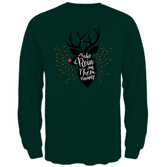 Christmas Make it Rein Rain Reindeer Pun Mens Long Sleeve T Shirt Forest Green MD