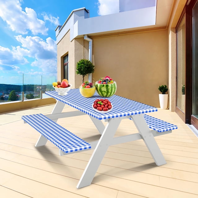 Birdeem Waterproof Table Cover Set, Elastic Picnic Tablecloth with Flannel Back Protector for Outdoor Dining, Stretch Fits 30x72 Inch Table and 2 Chairs