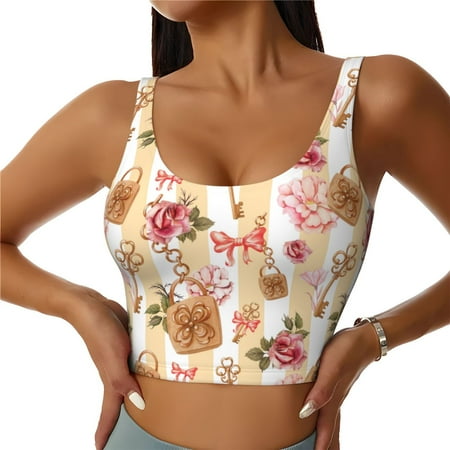 Qokaie Key Lock And Flowers Pattern Womens Scoop Neck Sports Bra Breathable Workout Vest Padded U Back Medium Impact Fitness Gym Yoga Bra Workout Crop Top-Medium