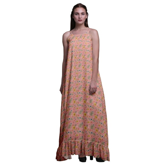 Bimba Peach Floral chrysanthemum & Anemone Womens Sleepwear Long Nightgown Printed Spaghetti Strap Ladies Nightwear Large