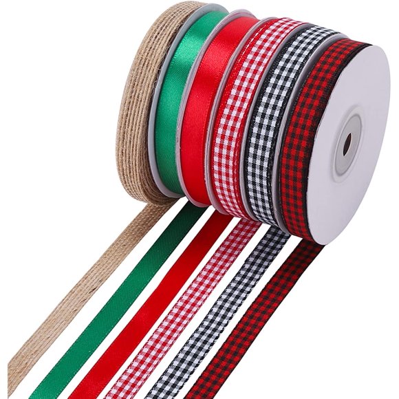 DAZUINIAO 6 Rolls 135 Yards Burlap Ribbon Gingham Ribbon Buffalo Plaid Ribbon 3/8 Inch Red Satin Ribbon Green Grosgrain Ribbon for Wrapping Thin Ribbons for Crafts Wedding