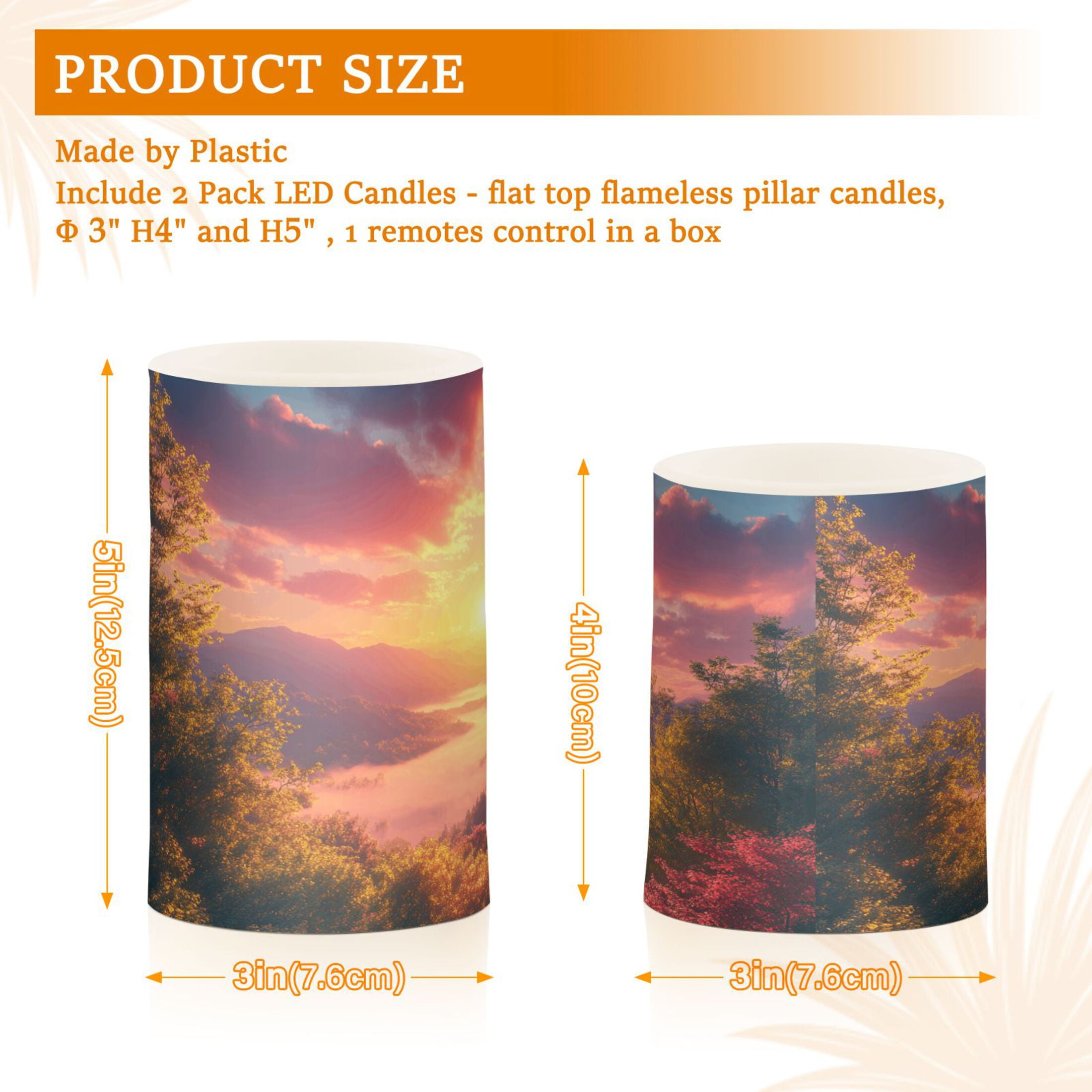 Beautiful Sunrise over Mountains Flickering Flameless LED Candles set of 2 Battery Operated 18-Key Remotes Timer Halloween Fall Decor D3''xH4''5''