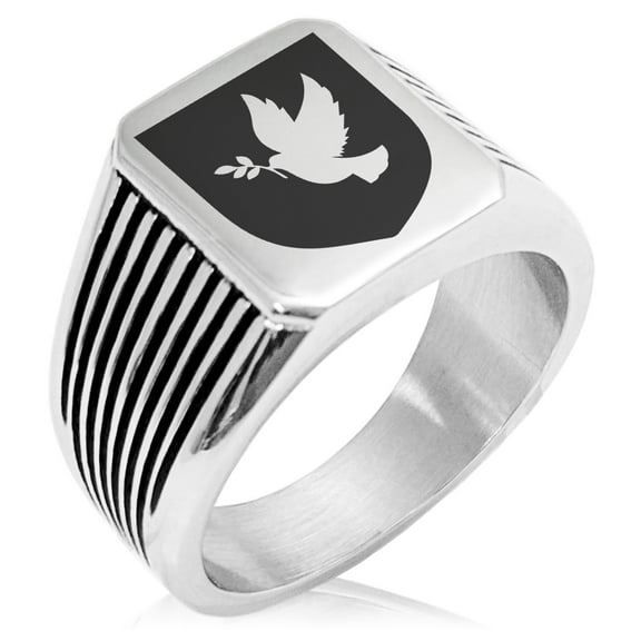 Stainless Steel Dove Peace Coat of Arms Shield Needle Stripe Pattern Biker Style Polished Ring