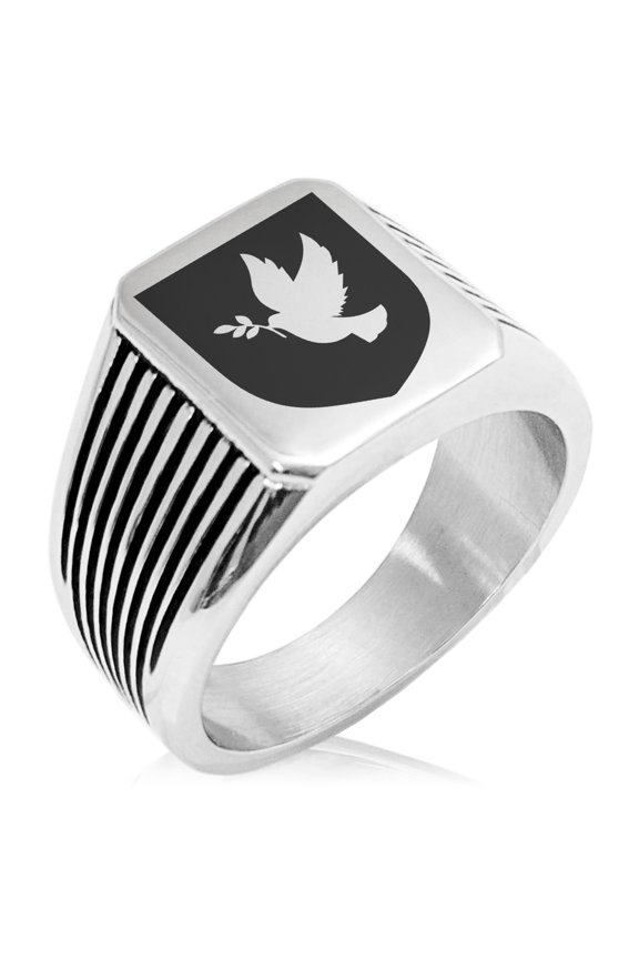 Stainless Steel Dove Peace Coat of Arms Shield Needle Stripe Pattern Biker Style Polished Ring