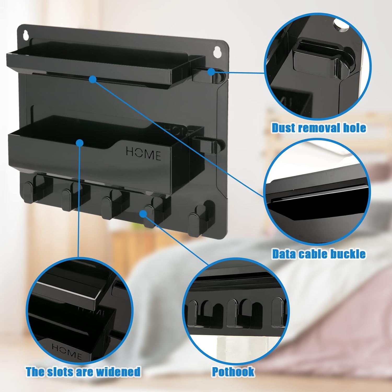 Bedside Wall Mount Shelf, Adhesive Bedside Organizer for Remote、Phone、Glasses. Bedside Accessories Storage suitable for College Dorm 、bunk bed 、 Bedroom、Rv（Black）