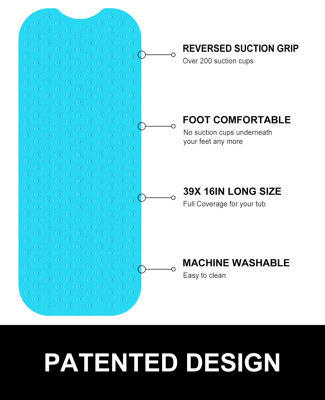 OTHWAY No Suction Cup Bath Mat: 39x16inch Extra Long Bathmat, Machine Washable, Made of Nature Rubber, Protect Your Bathtub (Dark Blue)