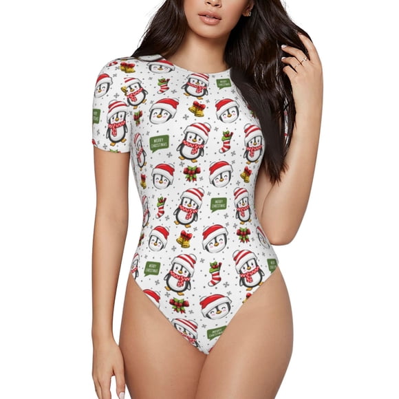 Bingfone Cute Christmas Hat Penguin A Pattern Women's Round Neck Bodysuit, Tight Snap Button Short Sleeve Bodysuit, Suitable for Party, Sports, Daily Wear-X-Large