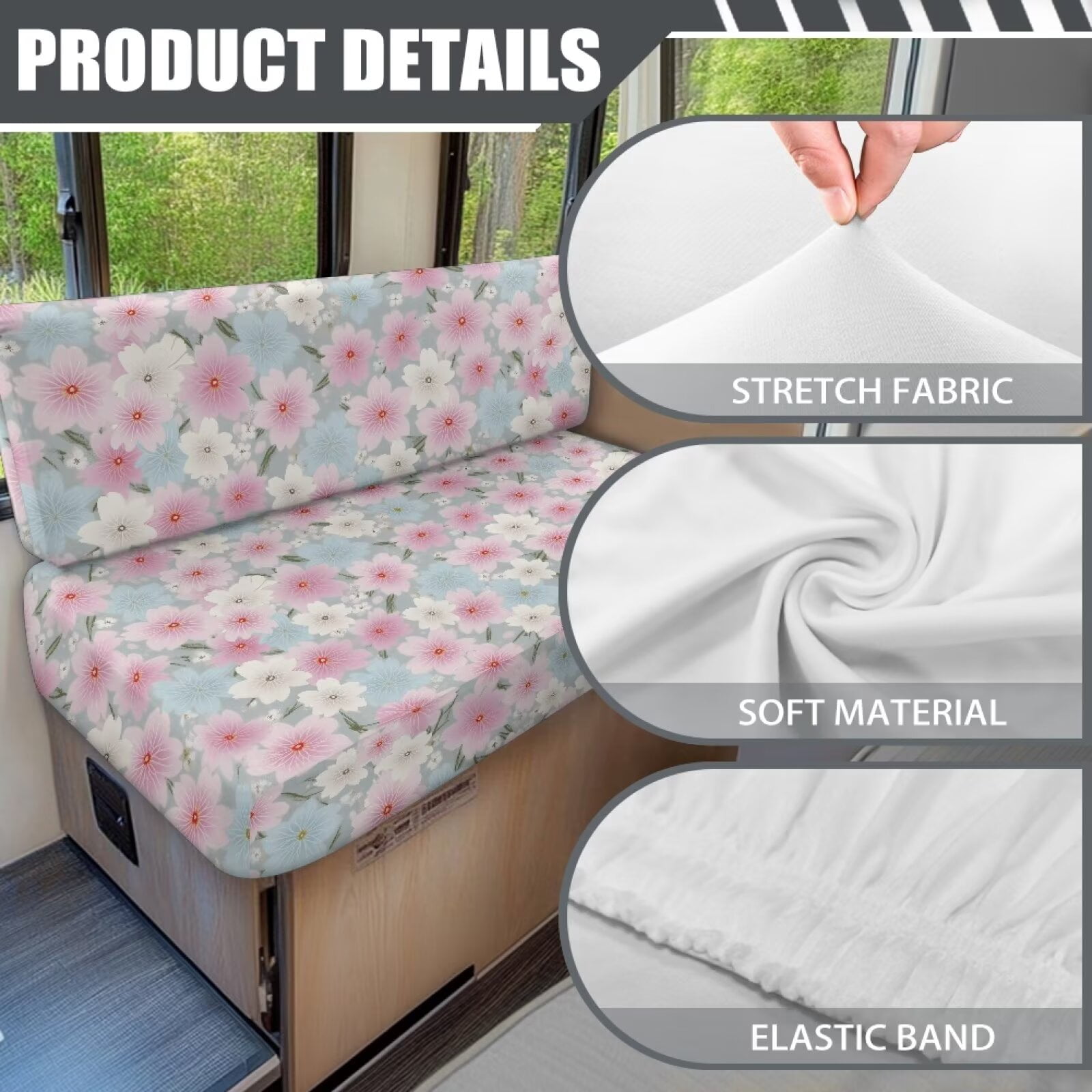 Boatee Beautiful Cherry Blossom RV Dinette Cushions Washable Furniture Covers Universal Camper Accessories Stretchable Couch Cover 2 Cushion Sofa for 2 Seat Cushion Couch Pink