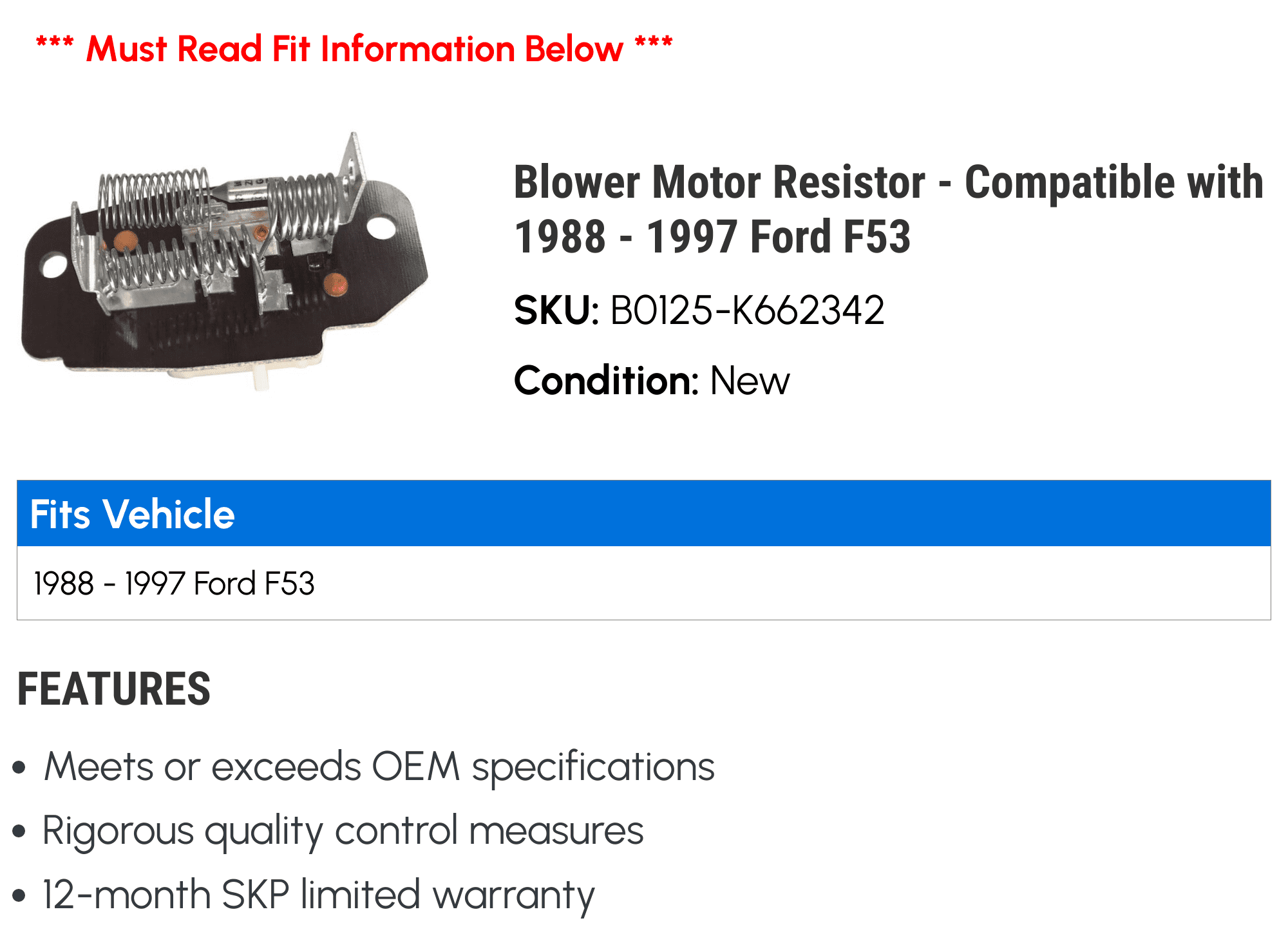 Blower Motor Resistor - Compatible with 1988 - 1997 Ford F53 1989 1990 1991 1992 1993 1994 1995 1996