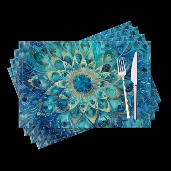BaHomeck placemats Set of 4 Mandala Of Peacock Feathers In Shades Of Blue And Gold Cotton Linen rectangle Placemats for Kitchen Dining Table Indoor,Outdoor,18*12inch