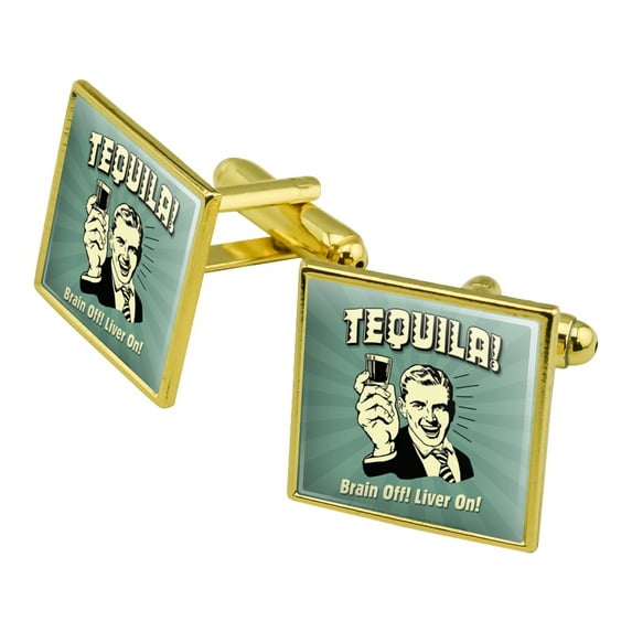 Tequila Brain Off Liver On Funny Humor Retro Square Cufflink Set - Silver or Gold