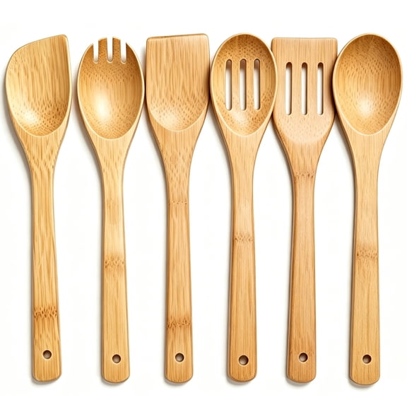 6Pcs Wooden Cooking Utensil Set, Wooden Spoons for Cooking, Natural Banboo Spatula Spoon Utensils Set for Kitchen Cookware, Heat Resistant