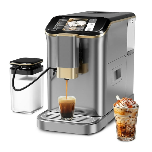 Yiwa Touch Screen Automatic Espresso Machine, Built-In Grinder, Drip Coffee Maker with 750ml Milk Container, For Dairy & Non-Dairy Drinks