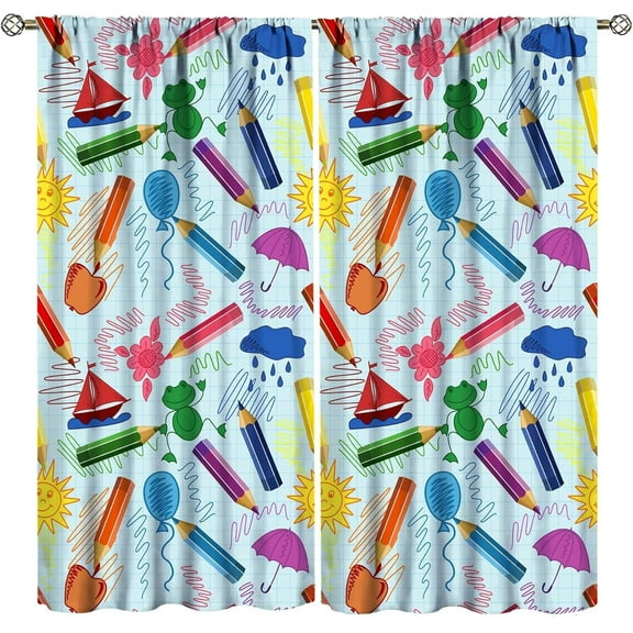 Kids Cartoon Pencil Curtains Colorful Cute Crayon Funny Art Printed Curtain with Rod Pocket for Child Playroom Nursery Bedroom Decor Drapes Window Treatments 2 Panels Set 52x84in