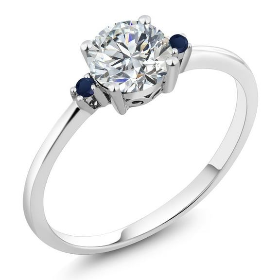 Gem Stone King 10K White Gold Lab Grown Diamond and Blue Sapphire Engagement Ring for Women | 0.77 Cttw | Round 6MM | Gemstone April Birthstone (Size 6)