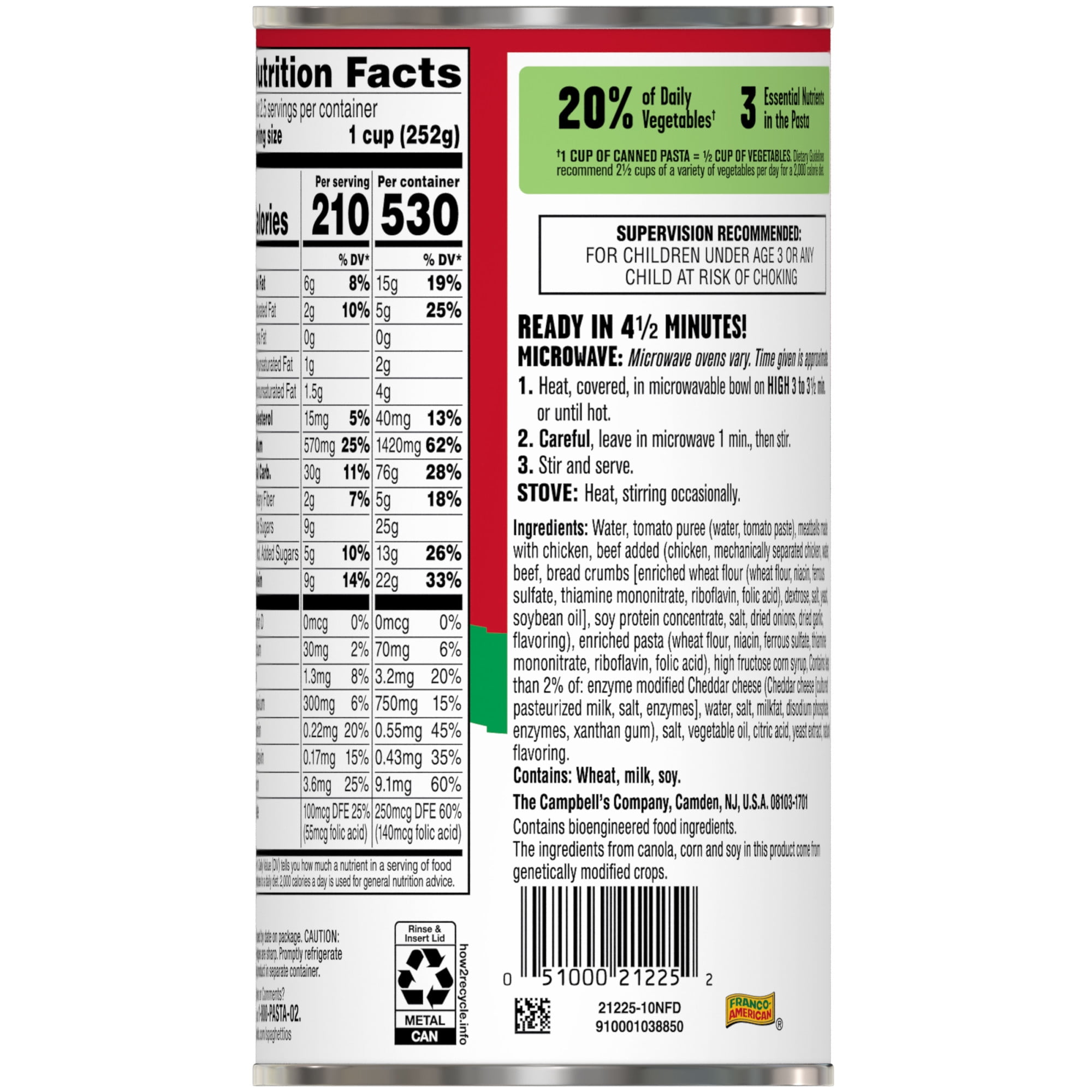 (4 pack) SpaghettiOs Canned Pasta with Meatballs, 22.2 oz Can