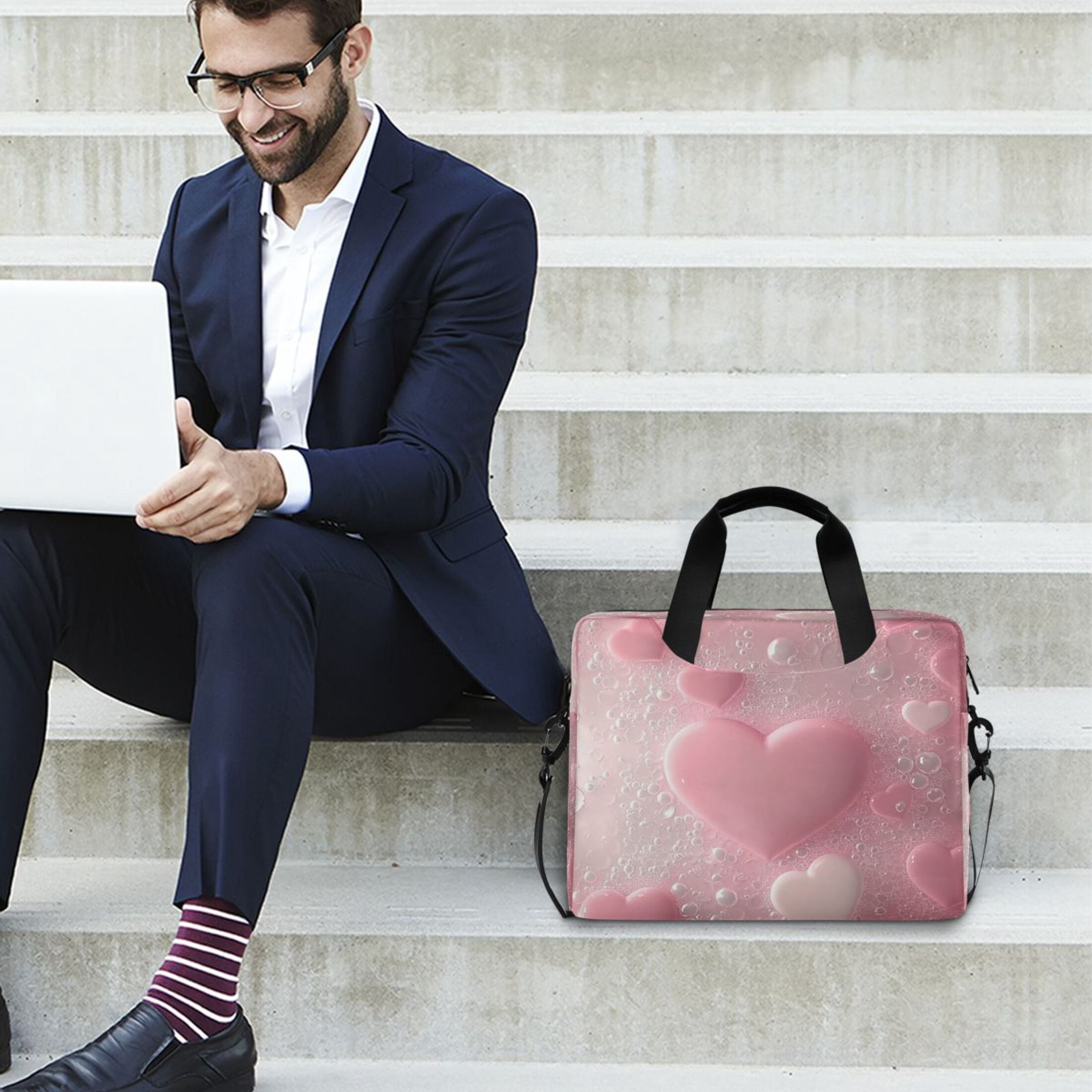 16" Laptop Tote Bag Laptop Sleeve Case Computer Briefcase for Work & Travel Pink Heart Bubbles