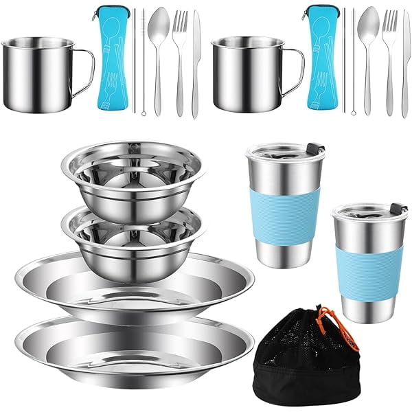 Camping Mess Kit Camping Dishes Set Stainless Steel Tableware Mess Kit Includes Plate Bowl Cup Spoon Fork Knife in Mesh Bags for Camping Backpacking & Hiking for 2 Person