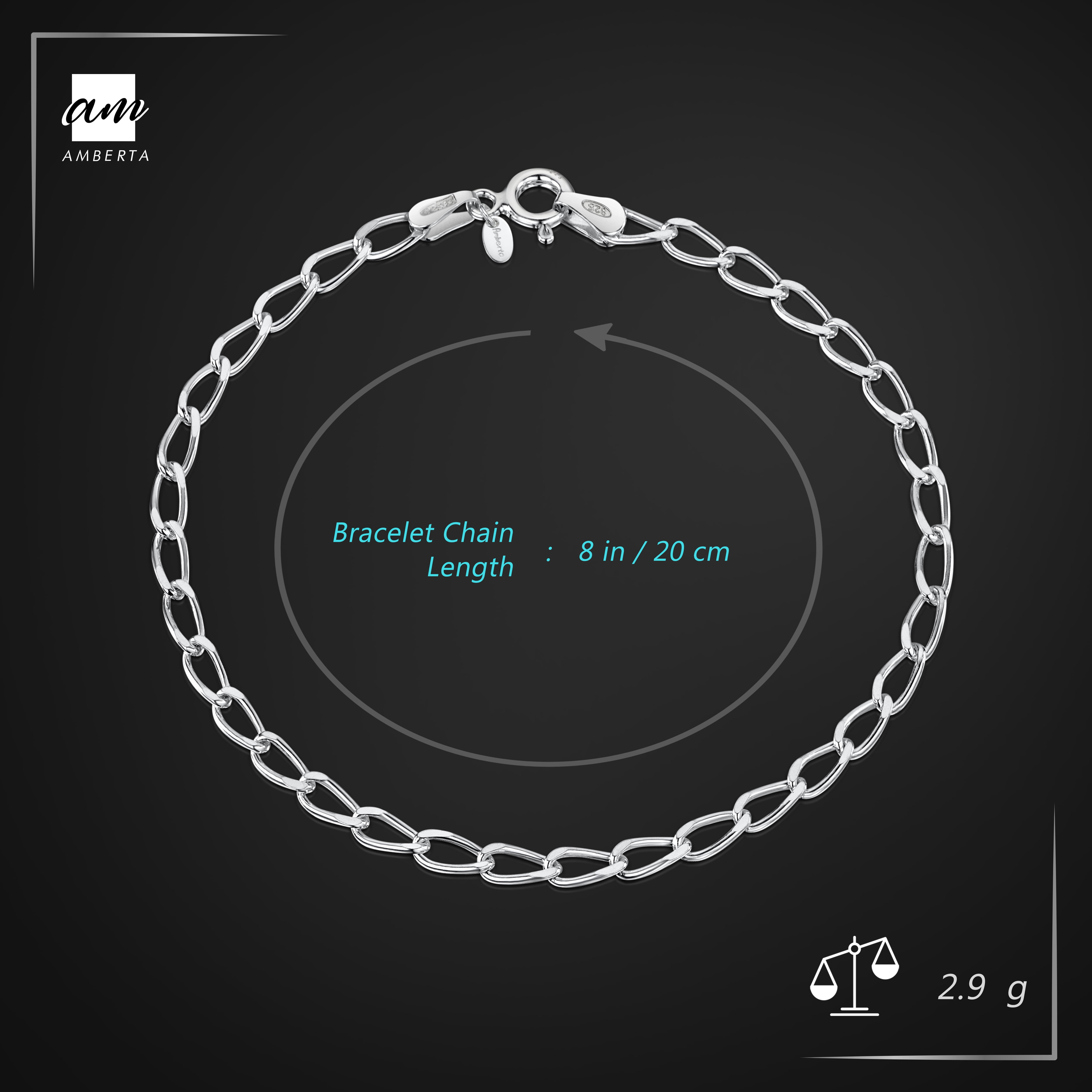 Amberta Women's 925 Sterling Silver Link Chain Bracelet for Charms (Adjustable): Silver
