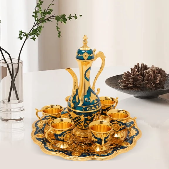 Antique Turkish Zinc Alloy Teapot Set with 6 Cups, 250ml Teapot, Eagle Beak Spout, Dragon Handle, Embossed Tray, Blue, Traditional Carving