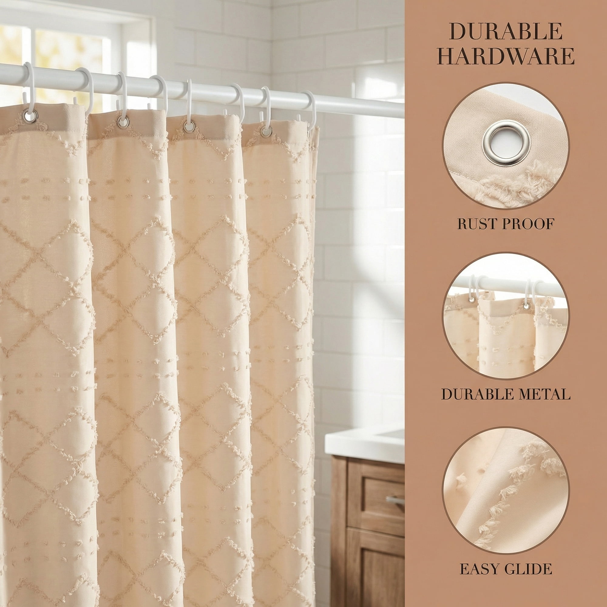 Unique Bargains 3D Geometric Texture Bath Curtain Sets with Hooks Beige 72"W x 72"L