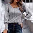 thumbnail image 3 of Jersey de mujer Top Rib Knit Lantern Manga larga Cuello en U Suéter de color puro para otoño invierno Gris S, 3 of 6